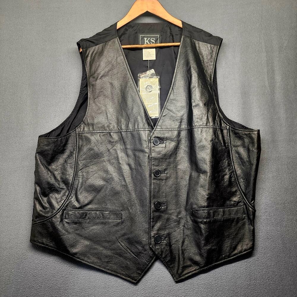 KS Leather Vest Mens 3XL Black Genuine Button Front Waistcoat Back Buckle Lined